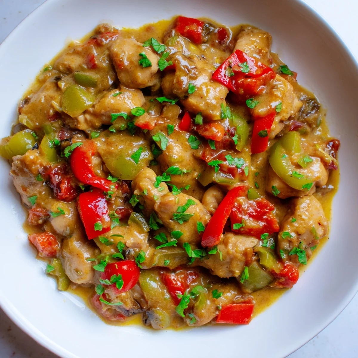 A steaming bowl of Brazilian Coconut Chicken served over fluffy white rice with fresh cilantro garnish.