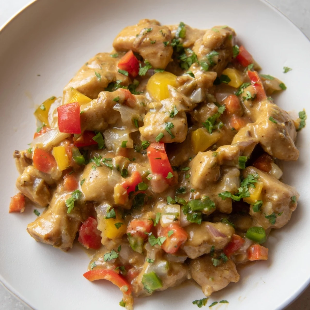 Close-up of golden Brazilian Coconut Chicken pieces coated in a rich, orange-hued sauce with bell peppers.