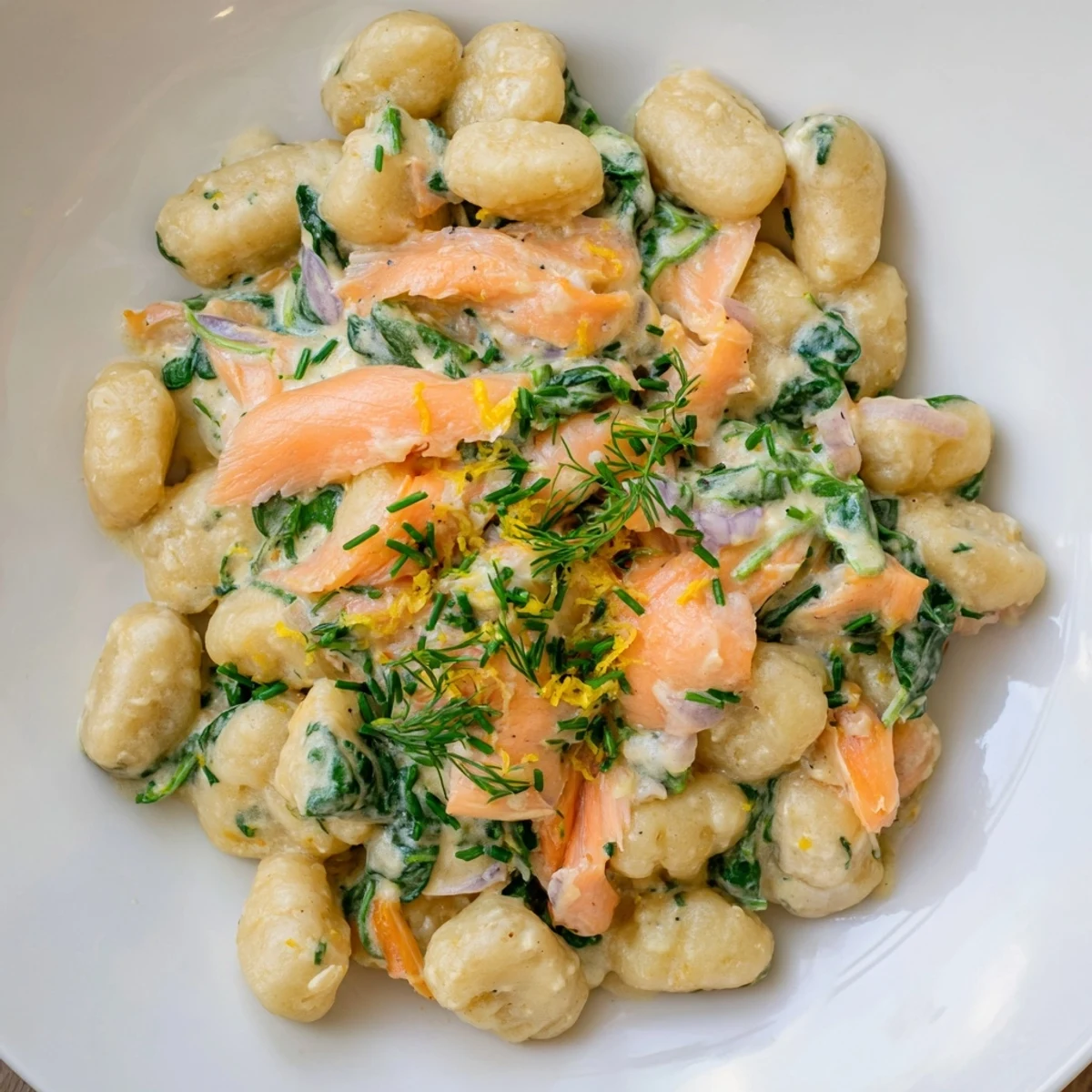 Warm Healthy Smoked Salmon Gnocchi in a creamy lemon dill sauce with wilted spinach.  