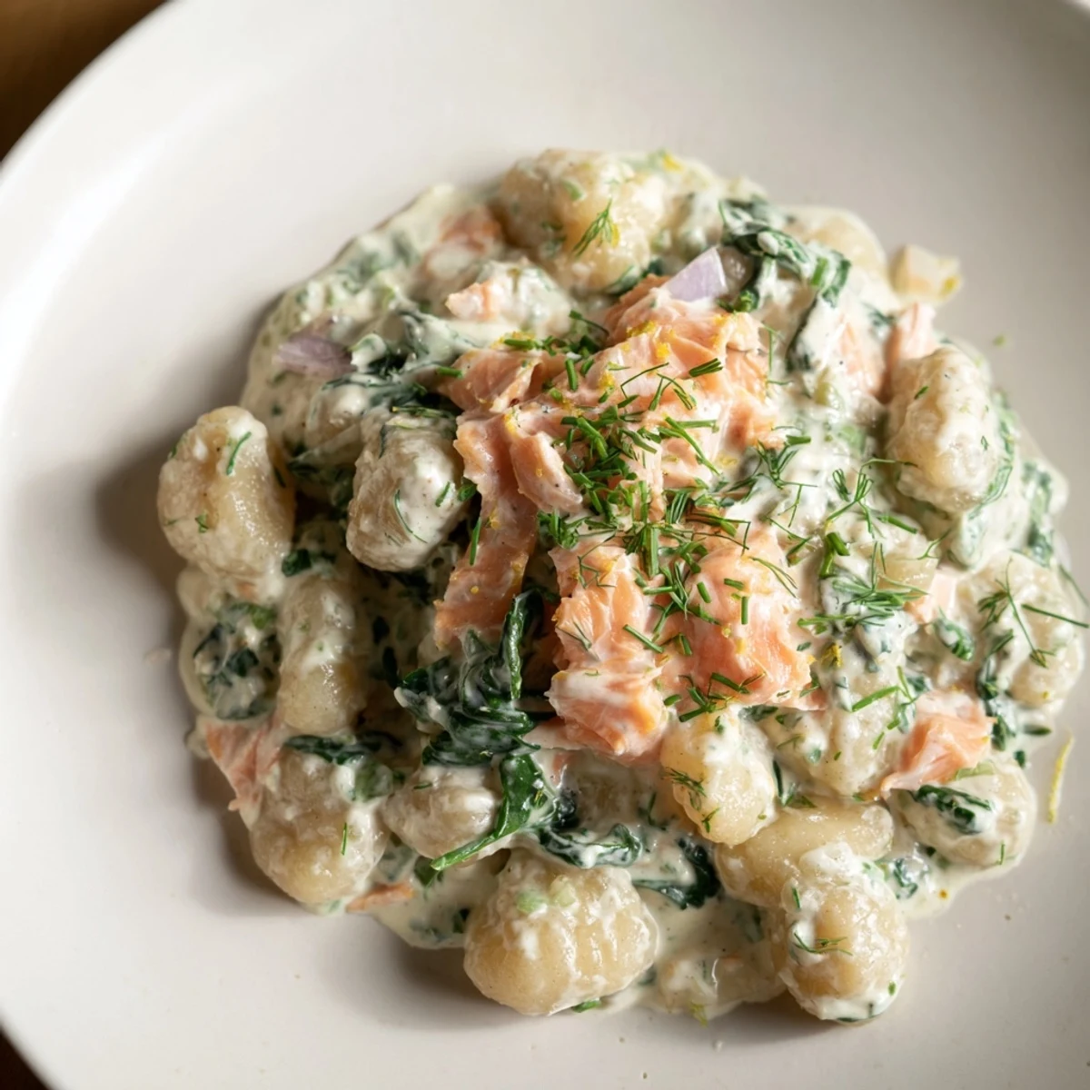 Golden brown Healthy Smoked Salmon Gnocchi served with fresh herbs and lemon wedges.  