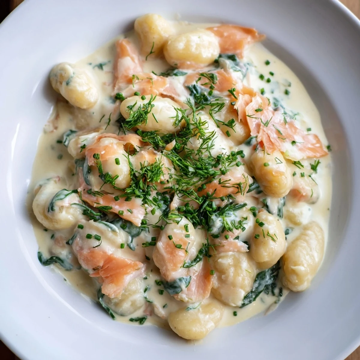 Plate of Healthy Smoked Salmon Gnocchi topped with silky smoked salmon strips.