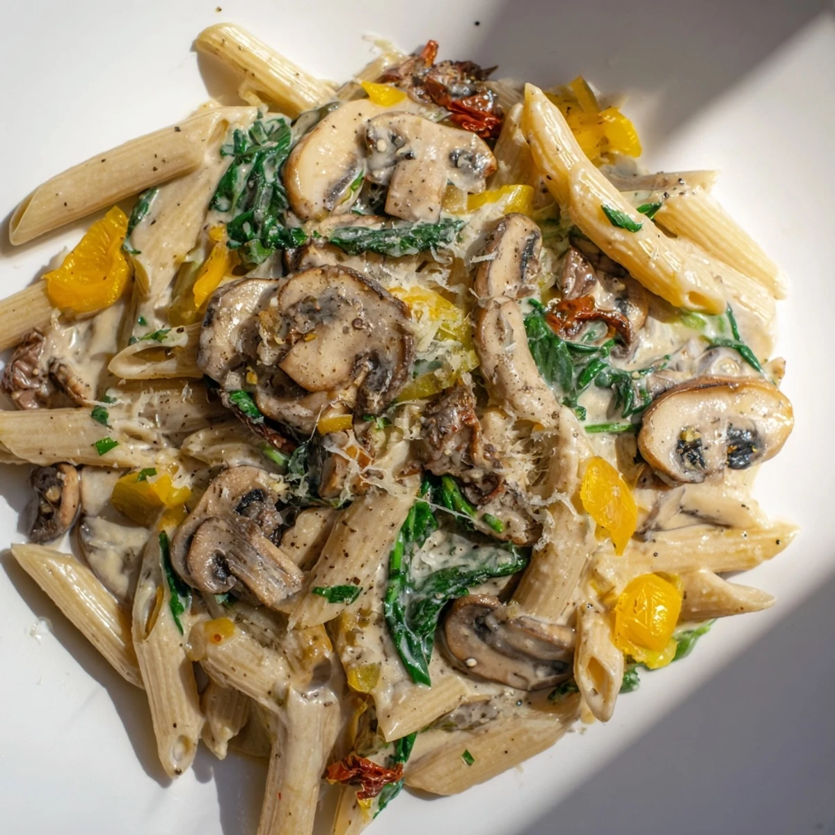 Creamy Tuscan Mushroom Pasta Skillet in a rustic cast iron pan, garnished with fresh basil leaves, creamy sauce coating penne pasta, spinach and sun-dried tomatoes visible.