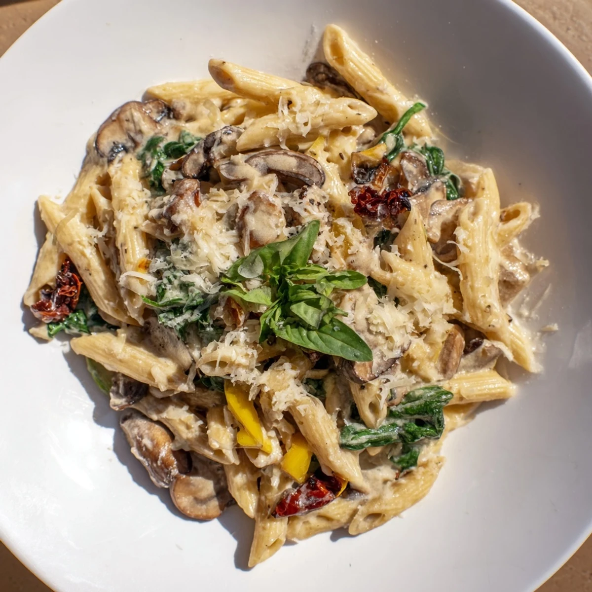 A close-up view of the Creamy Tuscan Mushroom Pasta Skillet, showcasing tender mushrooms and melted Parmesan cheese on pasta, served alongside a glass of white wine.