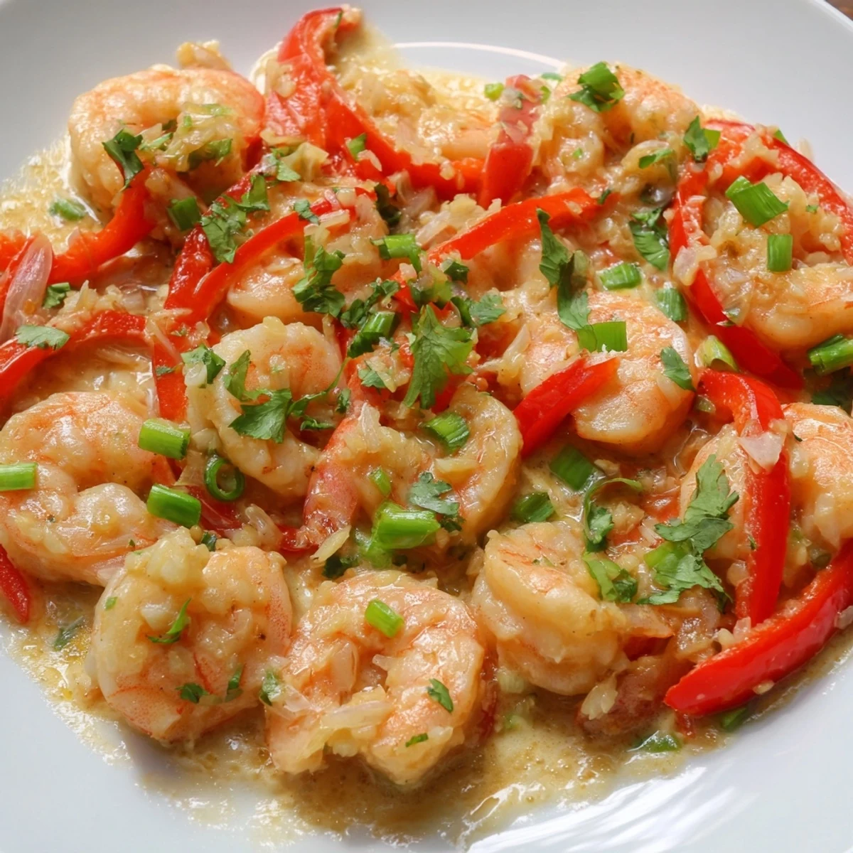 Creamy Garlic Shrimp in Coconut Milk in a white bowl with cilantro garnish and steamed rice on the side.