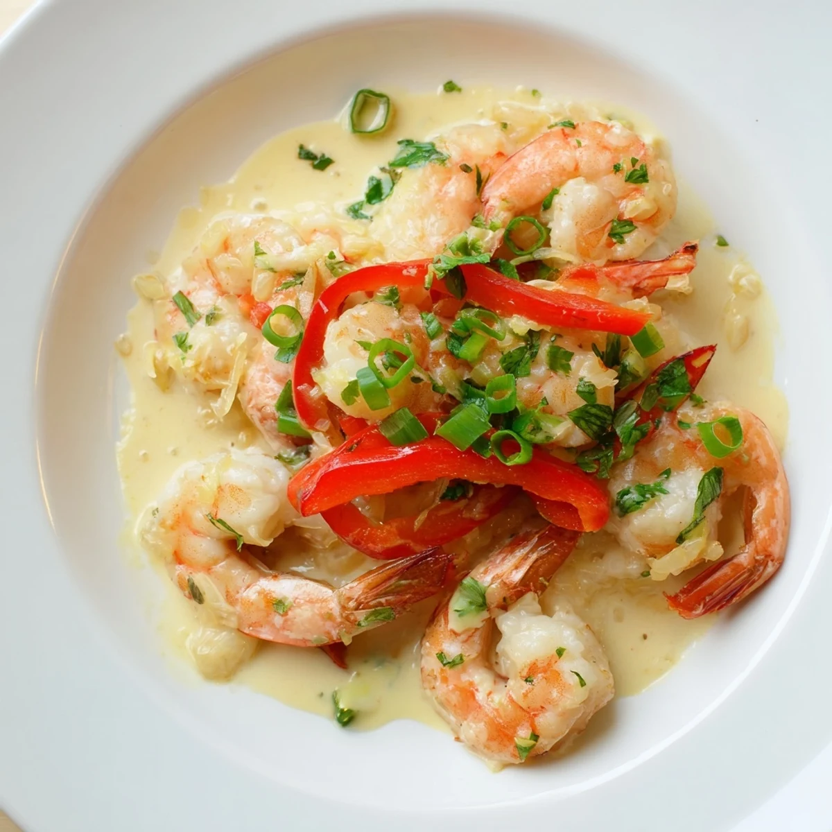 Garlic Shrimp in Coconut Milk served with lime wedges and fresh green onions on a rustic wooden table.