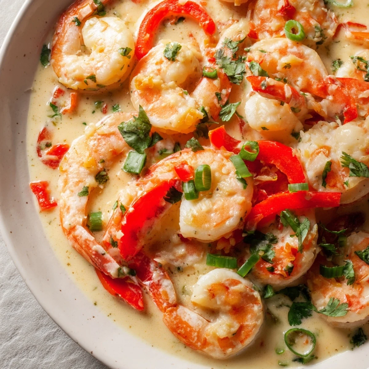 Top-down view of juicy Garlic Shrimp in Coconut Milk skillet, vibrant red bell pepper slices and aromatic garlic visible.