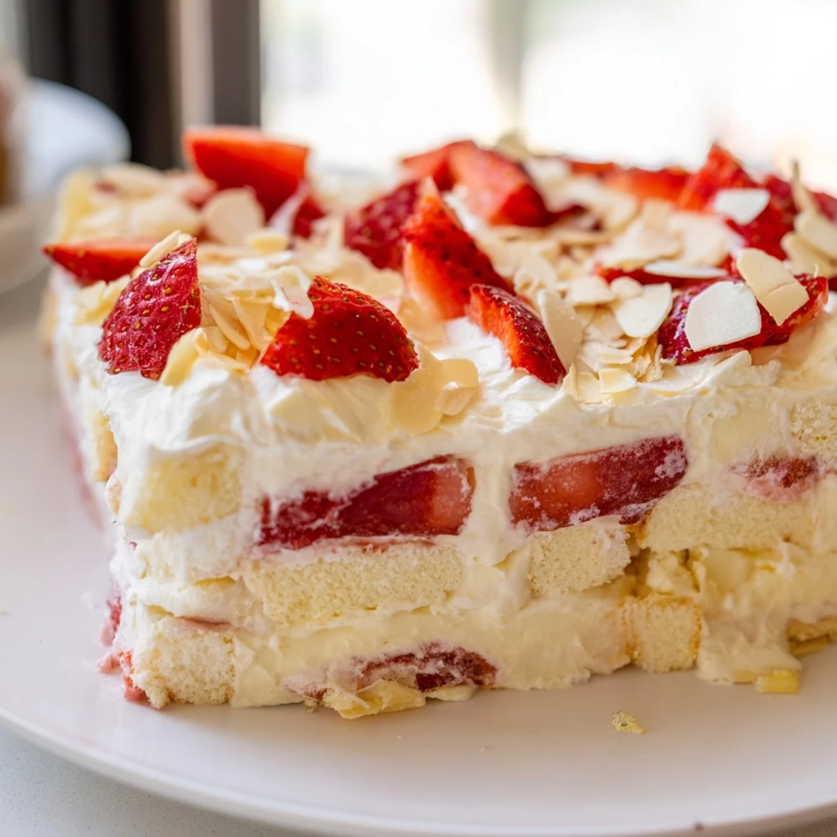A layered slice of Heaven on Earth Cake reveals light angel food cake, creamy vanilla pudding, and strawberry filling.