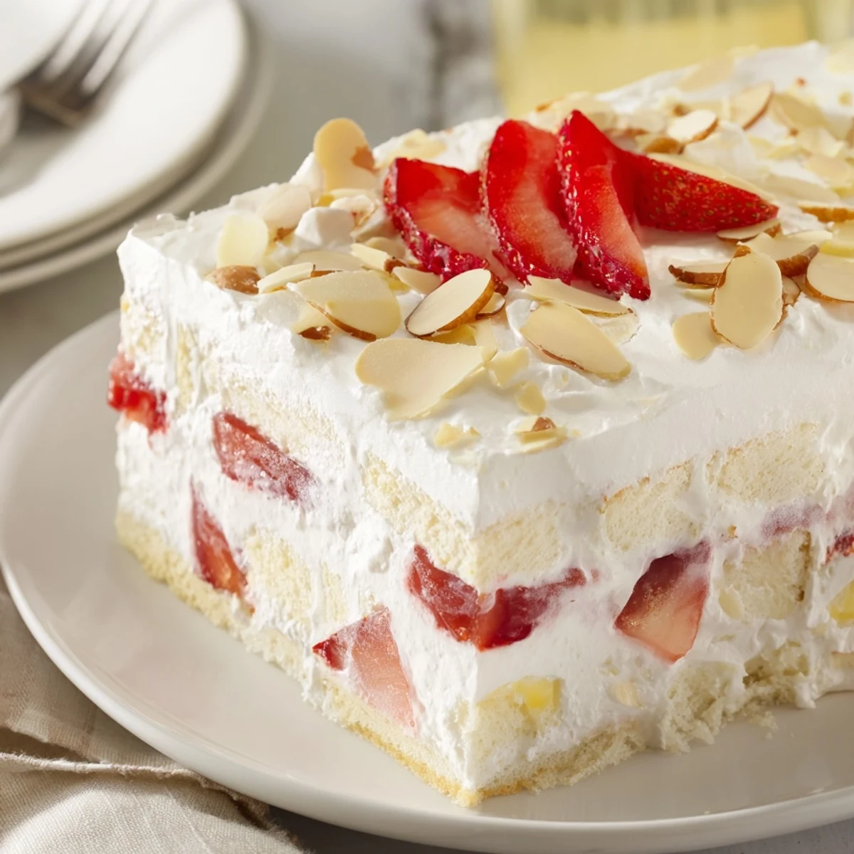 Visually impaired users can imagine the soft texture of Heaven on Earth Cake with its creamy pudding and sweet strawberries.