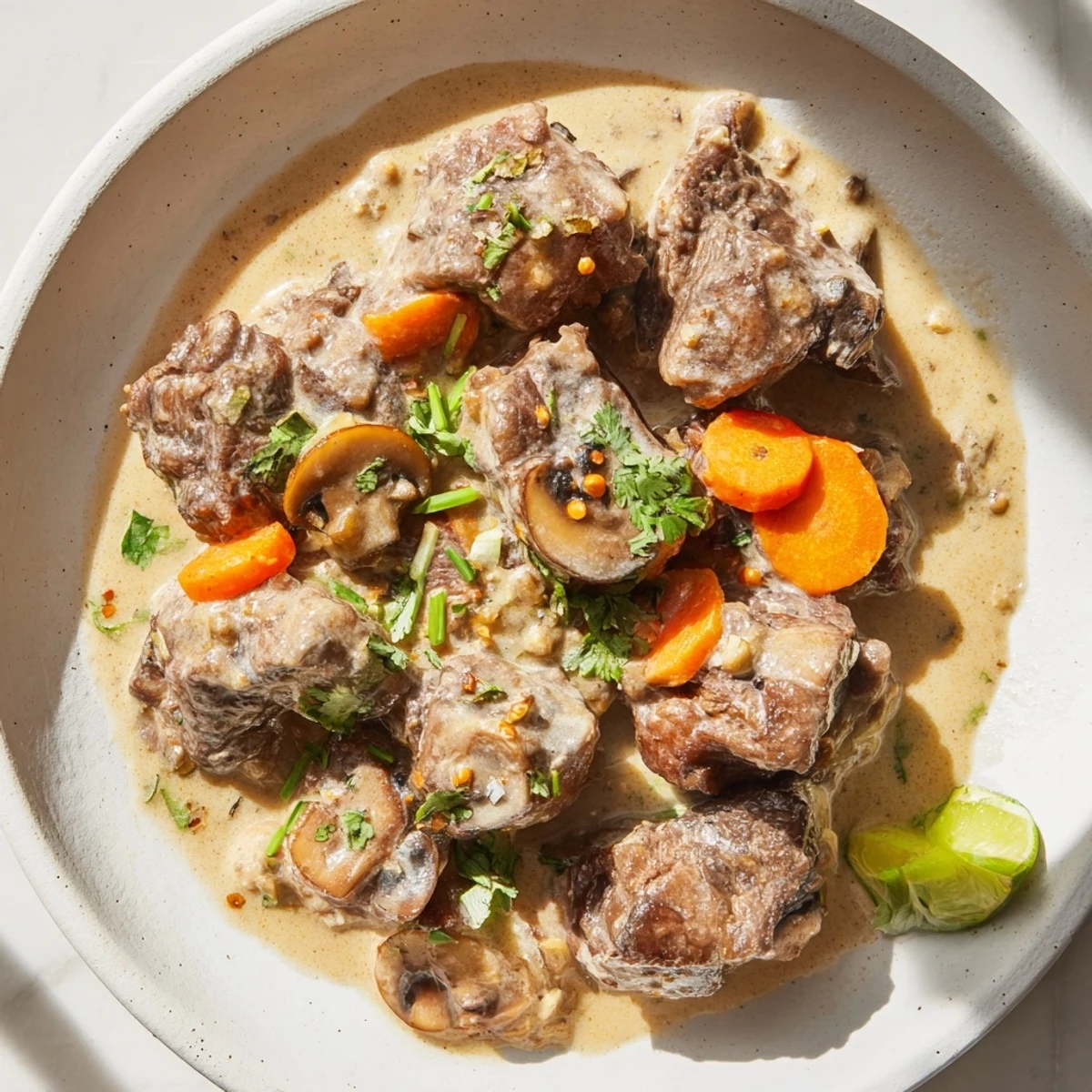 A close-up of Lemongrass Coconut Braised Beef with Mushrooms, garnished with cilantro and lime wedges.  