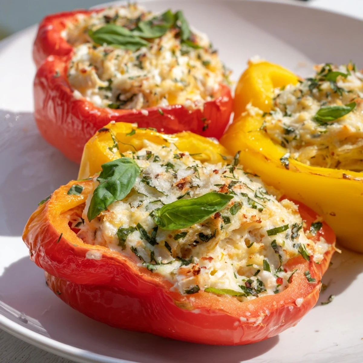 A close-up of golden-topped Ricotta Stuffed Peppers with fresh basil, paired alongside a crisp green salad.