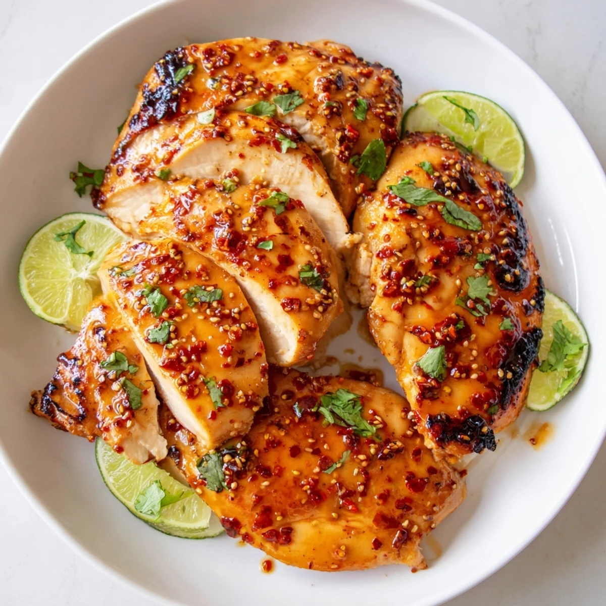 Grilled Spicy Honey Lime Chicken breasts sliced on a platter with fresh cilantro and lime wedges.