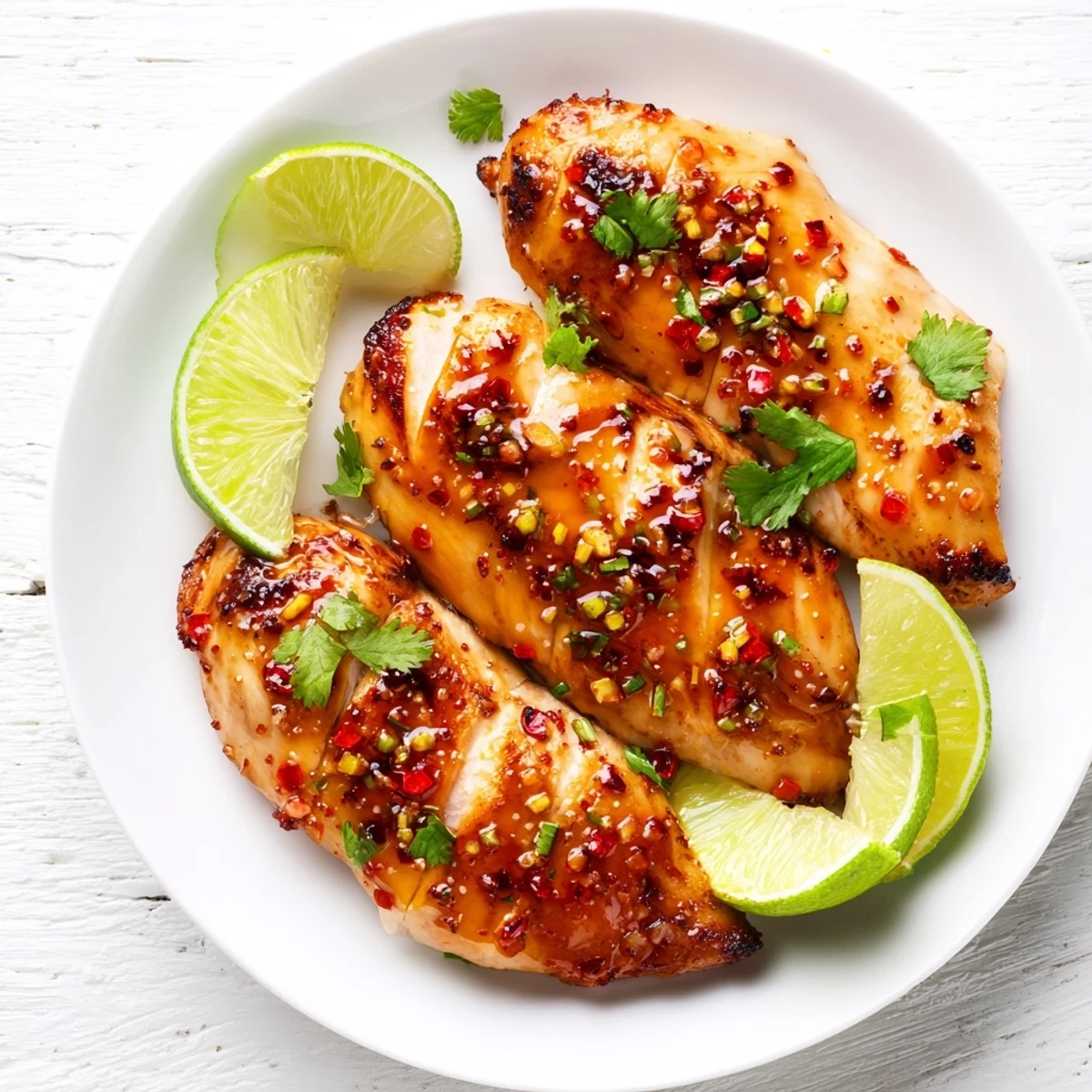 Juicy, charred Spicy Honey Lime Chicken thighs served with rice and grilled vegetables for dinner.