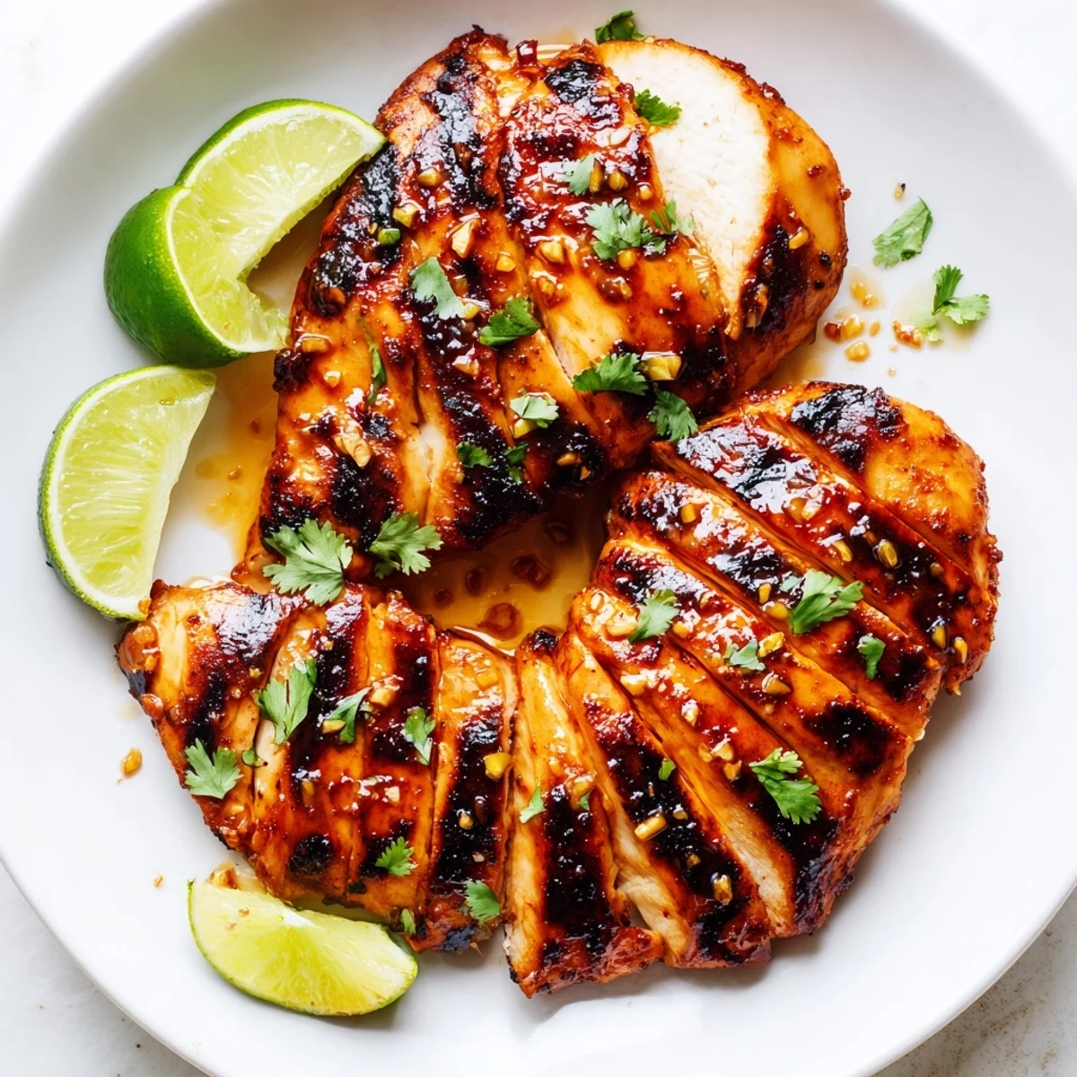 Spicy Honey Lime Chicken resting on a cutting board with lime zest and chili garnish.
