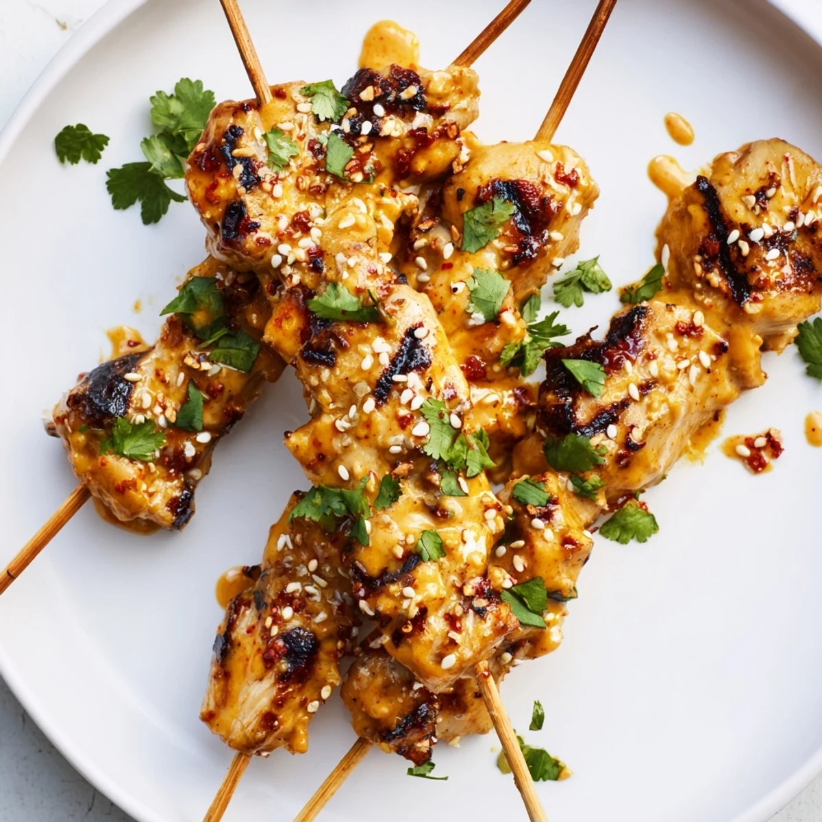 Grilled Bang Bang Chicken Skewers coated in creamy, spicy-sweet sauce served with fresh lime wedges.