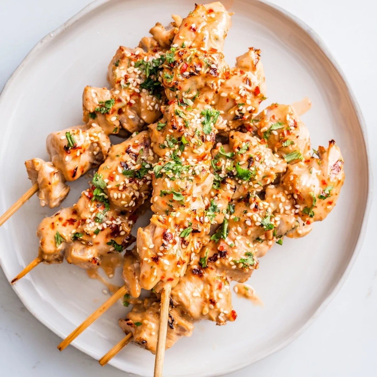 Juicy Bang Bang Chicken Skewers sizzling on a grill with a drizzle of signature creamy sauce.