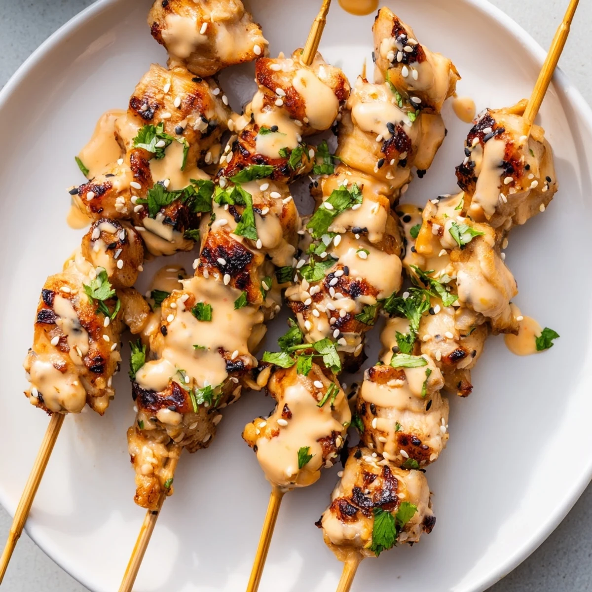 Tender Bang Bang Chicken Skewers garnished with cilantro and sesame seeds on a white serving plate.