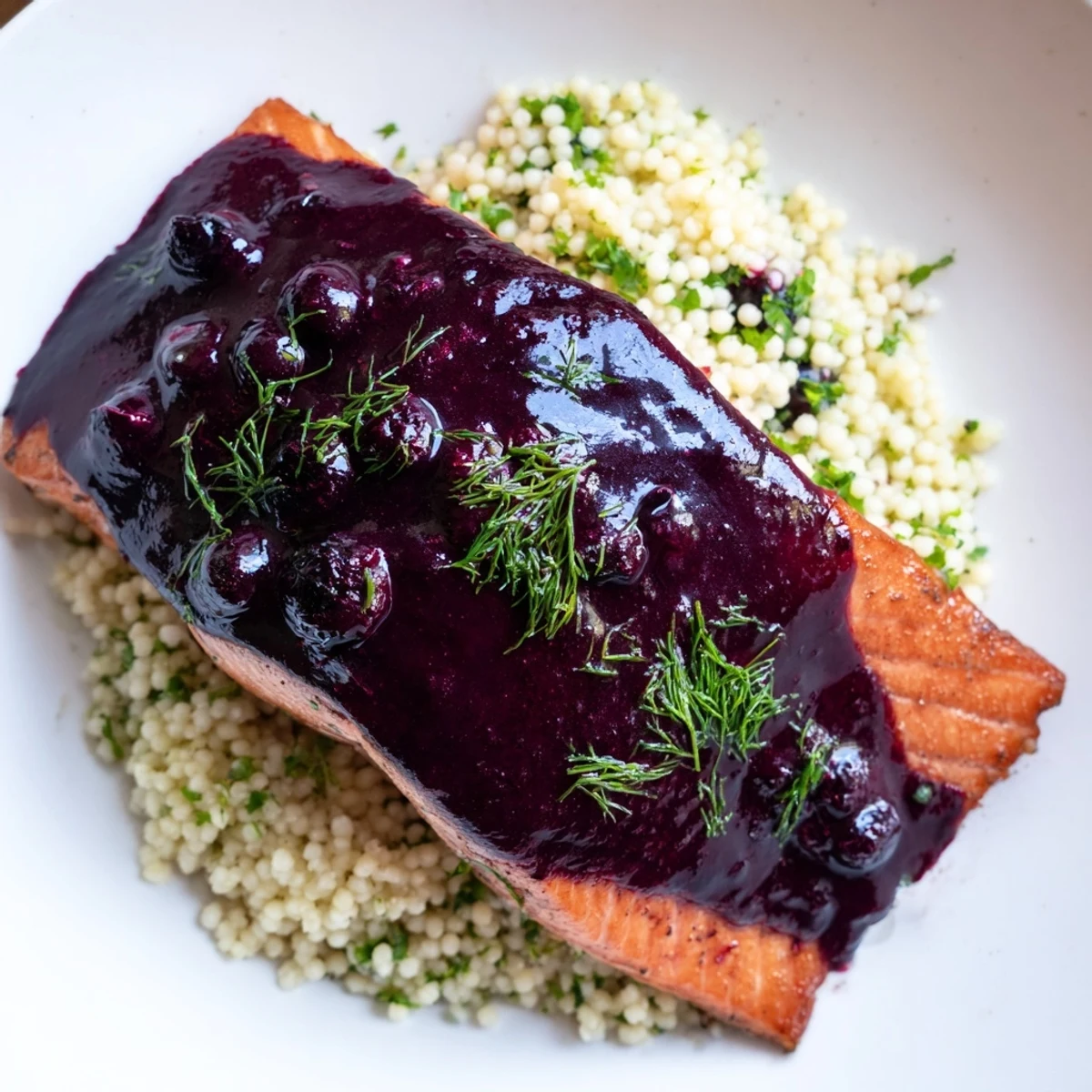 Succulent salmon fillets glazed with blueberry reduction atop fluffy lemon herb couscous.