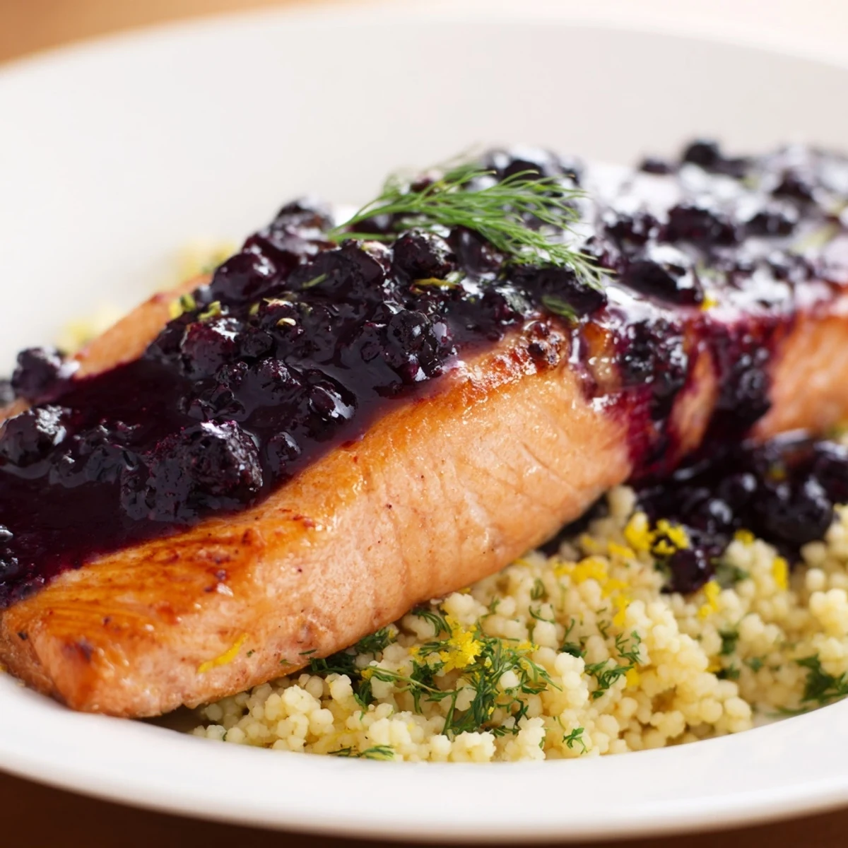 Hot blueberry glazed salmon next to citrusy couscous garnished with fresh parsley.