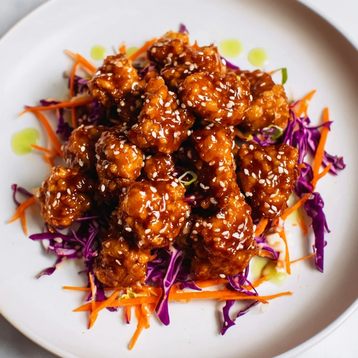 Close-up of Marry Me Sweet Chili Chicken Bowl with Coconut Lime Drizzle, showing juicy glazed chicken over jasmine rice with vibrant cabbage, carrots, and cucumber.