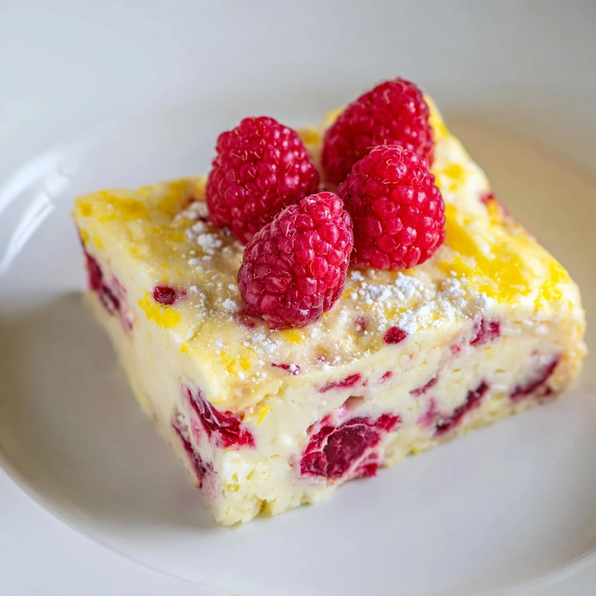 A slice of Lemon Raspberry Cottage Cheese Bake, with a creamy texture and bright raspberry garnish.