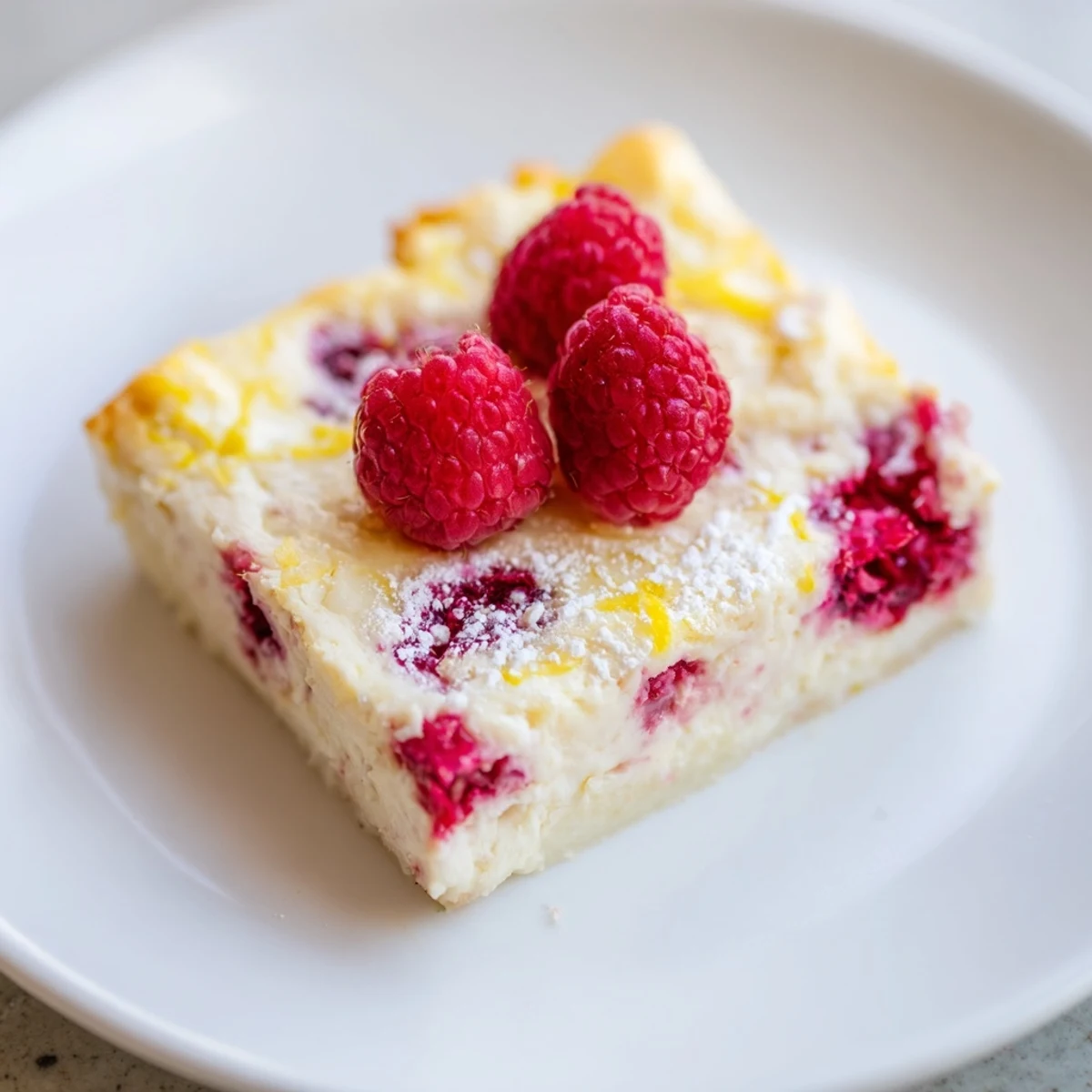 Lemon Raspberry Cottage Cheese Bake in a white dish, topped with fresh raspberries and powdered sugar.