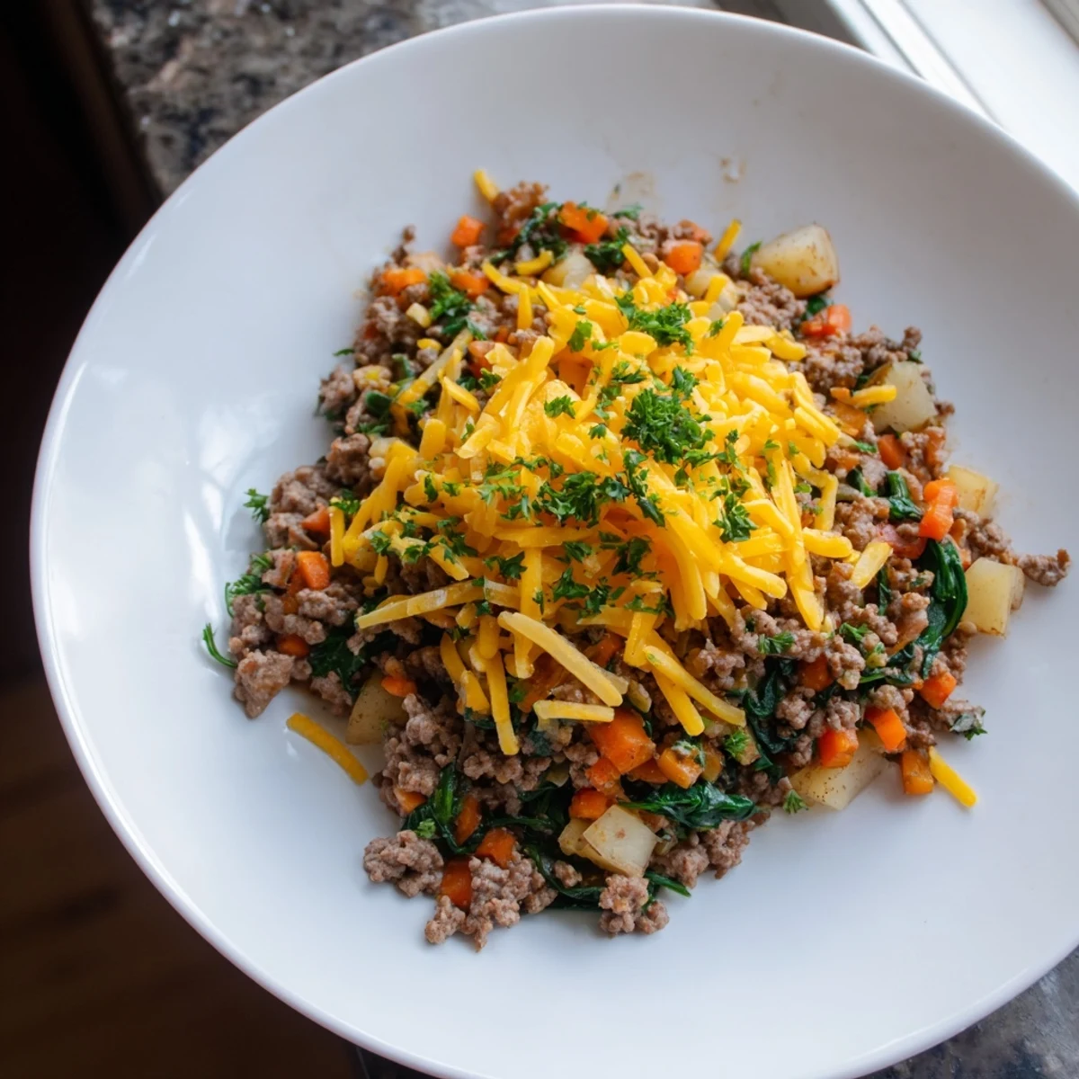 Fork-tender russet potatoes and savory lean ground beef are simmered with aromatic onions and carrots in this hearty High Protein Ground Beef and Potatoes skillet. Garnished with fresh parsley, this easy weeknight dinner is served steaming hot and ready to be scooped onto plates for a satisfying, gluten-free meal.