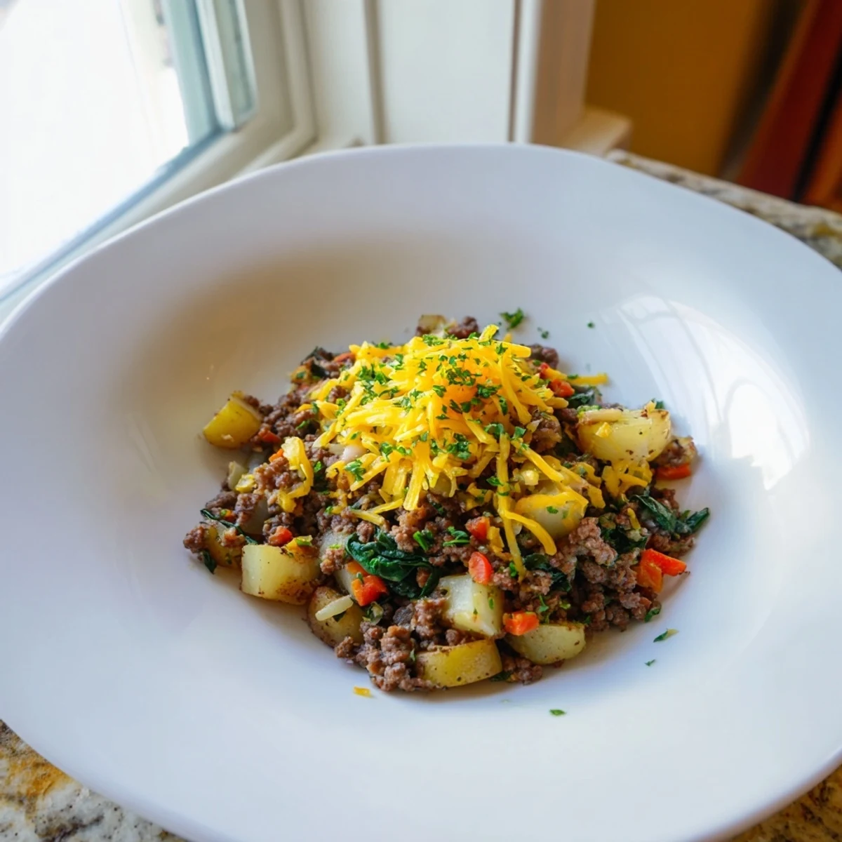 A wholesome cast-iron skillet showcases golden diced potatoes mingling with browned beef crumbles, wilted baby spinach, and melted reduced-fat cheddar cheese. This High Protein Ground Beef and Potatoes recipe offers a comforting, protein-packed main dish, perfect for family dinners or meal prepping.