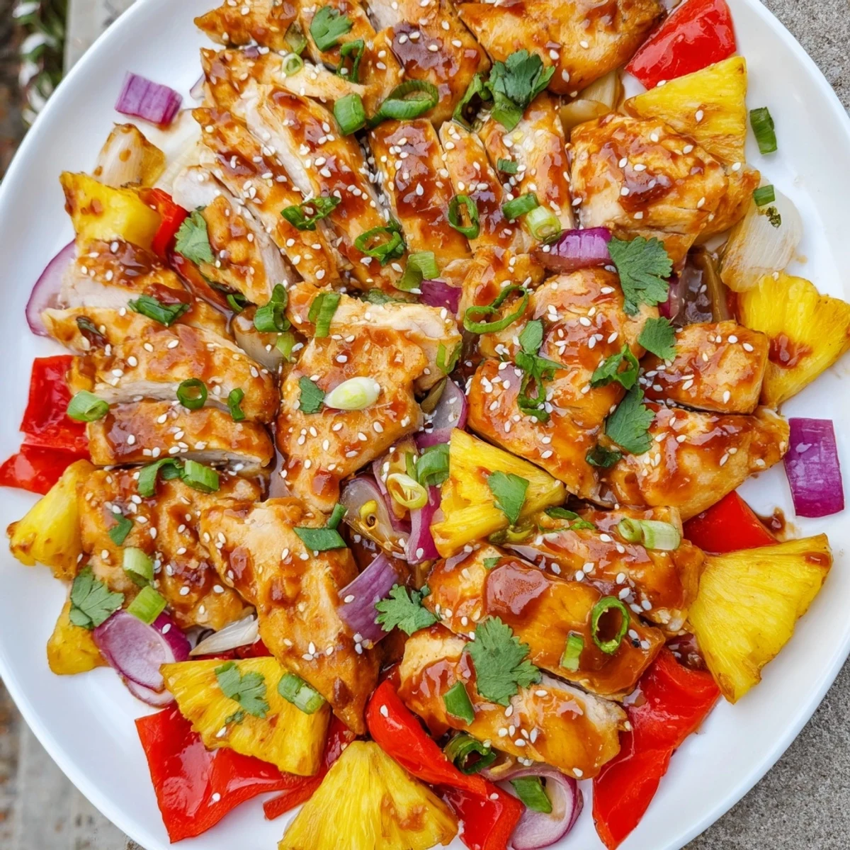 Family-style Marry Me Sheet Pan Hawaiian Chicken is garnished with cilantro and sesame seeds, ready to serve over rice.