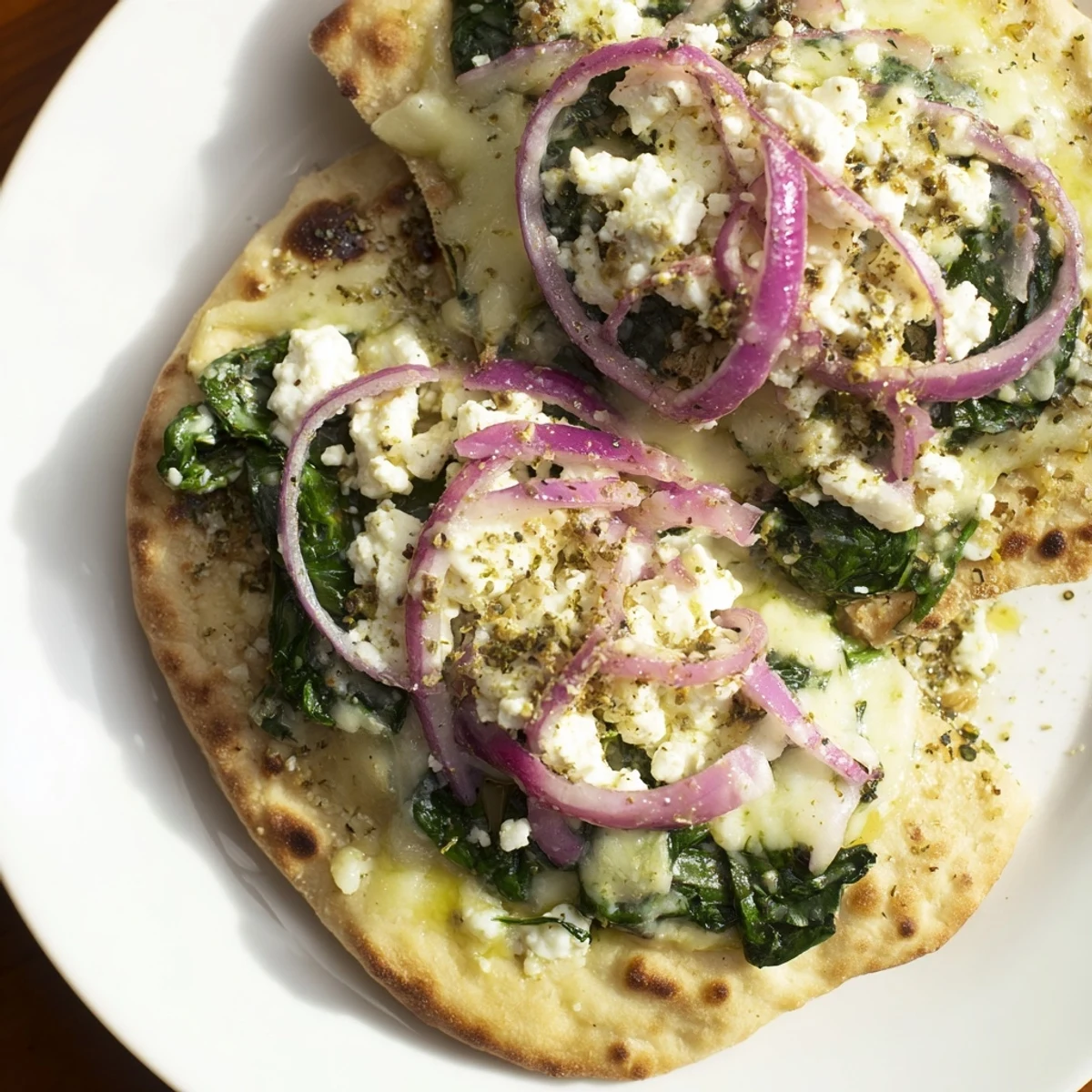 Golden-baked Spinach and Feta Flatbread Pizza with melted mozzarella and fresh spinach leaves on a rustic wooden table.