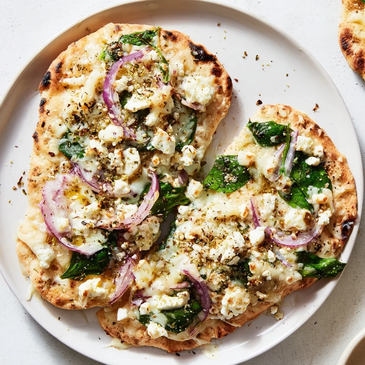 Sliced Spinach and Feta Flatbread Pizza showing crispy edges, creamy feta crumbles, and vibrant red onion slices on a marble board.