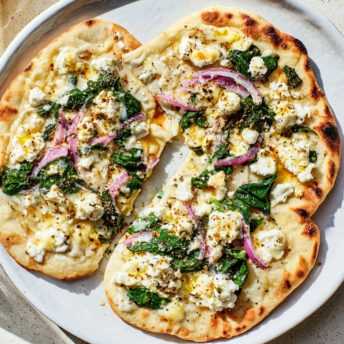 Freshly baked Spinach and Feta Flatbread Pizza topped with aromatic oregano, served with a glass of white wine for dinner.