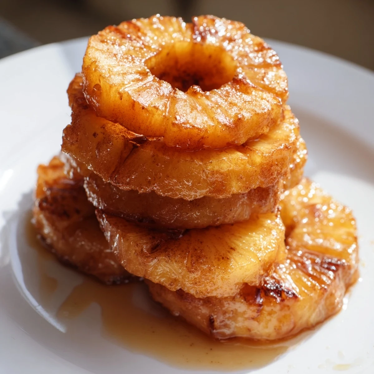 Golden fried pineapple rings, soaked in dark rum and caramelized, are drizzled with honey and served warm.