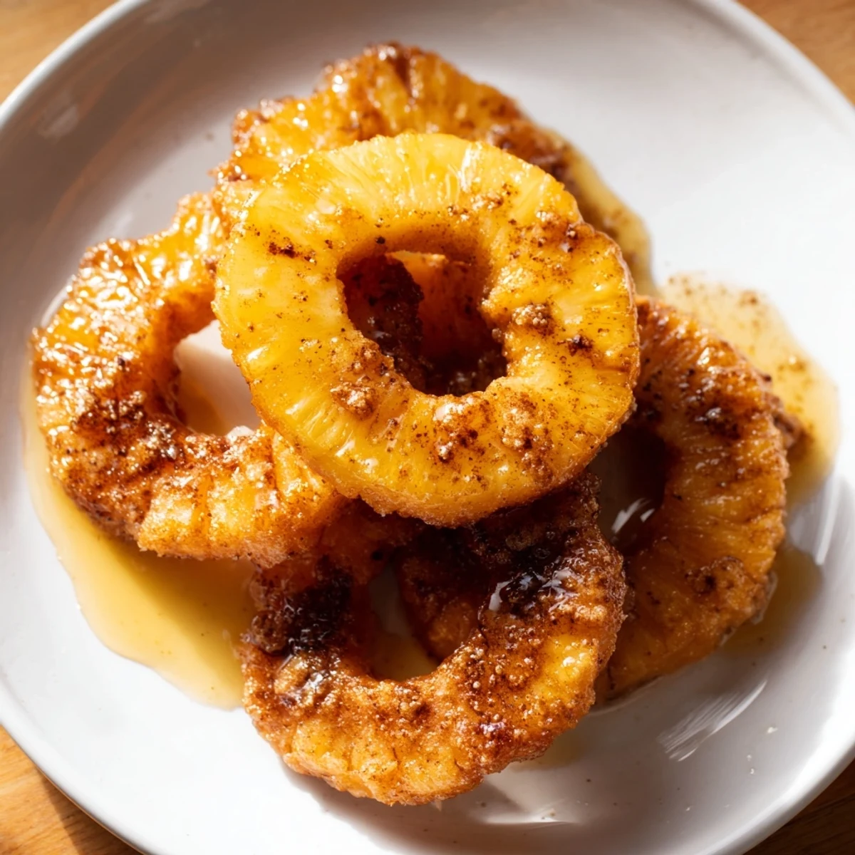 Rum-Soaked Fried Pineapple pieces glisten with syrup, topped with cinnamon and ready for scooping onto vanilla ice cream.