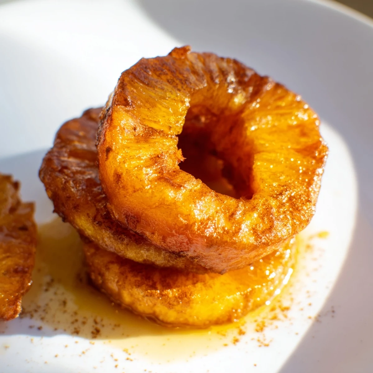 Crisp, golden Rum-Soaked Fried Pineapple wedges sit beside a scoop of ice cream, perfect for a tropical dessert.