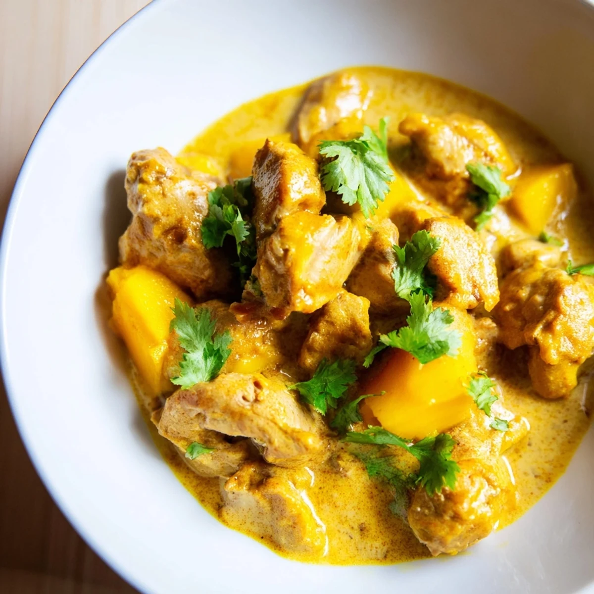 Creamy Mango Chicken Curry simmering in a skillet, with tender chicken pieces and fresh cilantro garnish served over basmati rice.