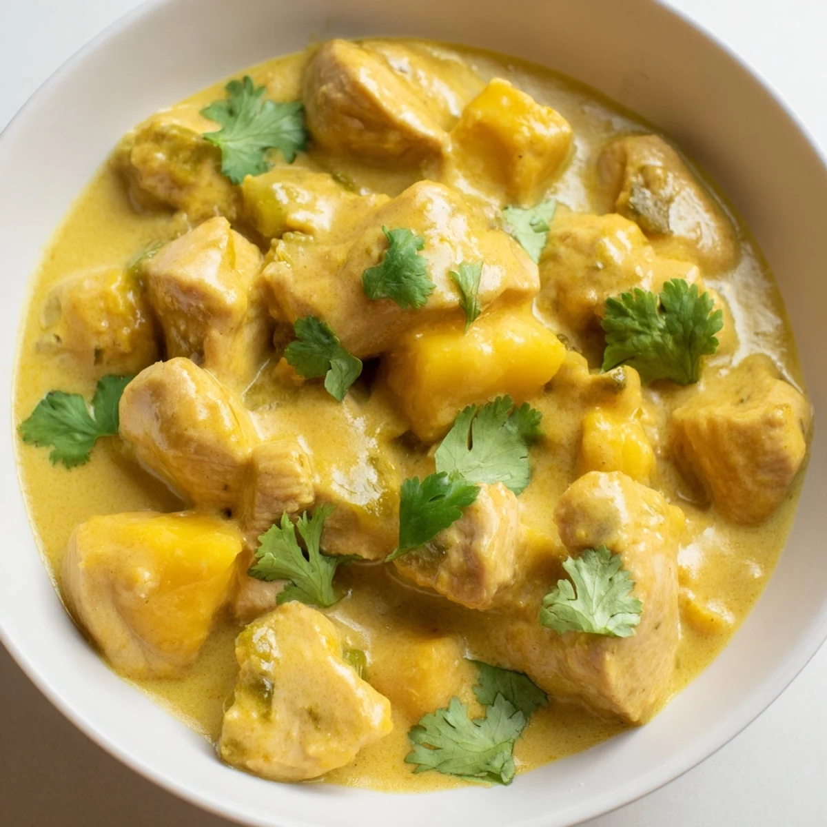 A vibrant bowl of Mango Chicken Curry garnished with cilantro and red chili, alongside warm naan bread for dipping into the coconut mango sauce.