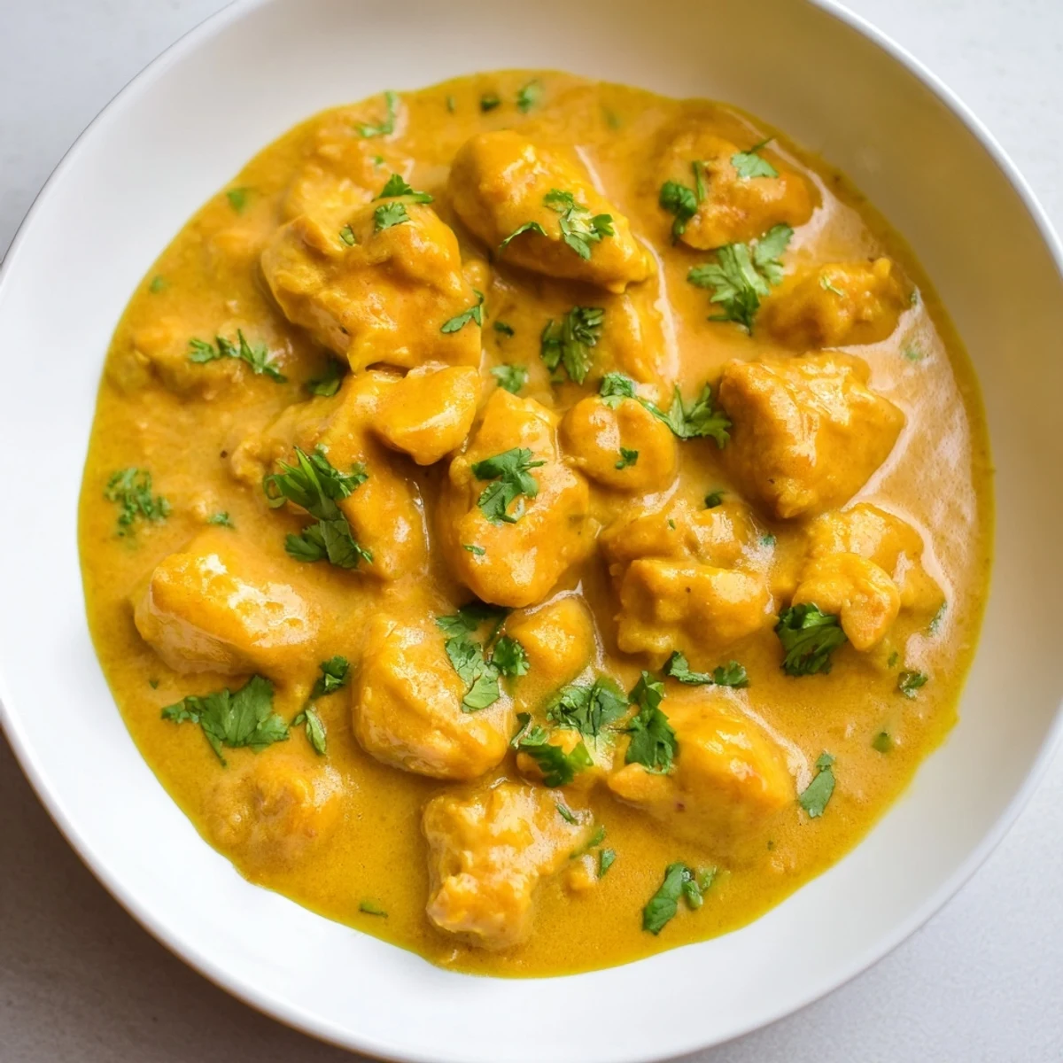 Close-up of Mango Chicken Curry in a serving dish, showing the golden, aromatic sauce and succulent chicken, ready to be enjoyed by the family.