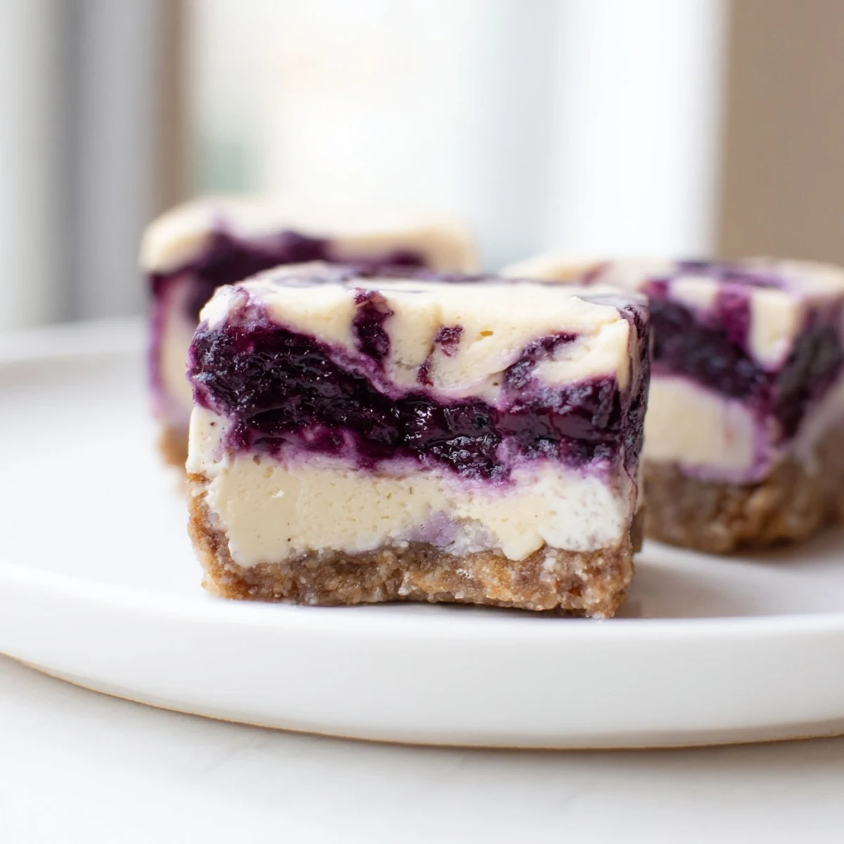 Smooth cheesecake filling swirled with vibrant blueberries tops almond flour bases in these Blueberry Cheesecake Protein Bites.