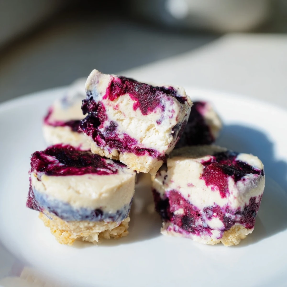 These no-bake Blueberry Cheesecake Protein Bites show creamy texture and fresh blueberries on a wooden board.