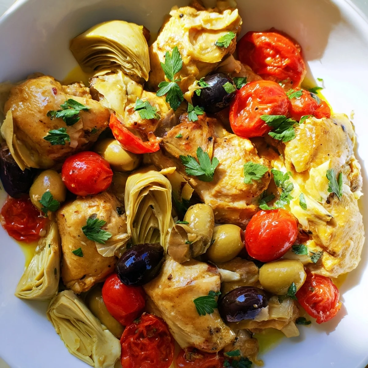 Tender, zesty Mediterranean Lemon Chicken with Artichokes and Olives served over fluffy quinoa with a bright lemon wedge and fresh parsley.