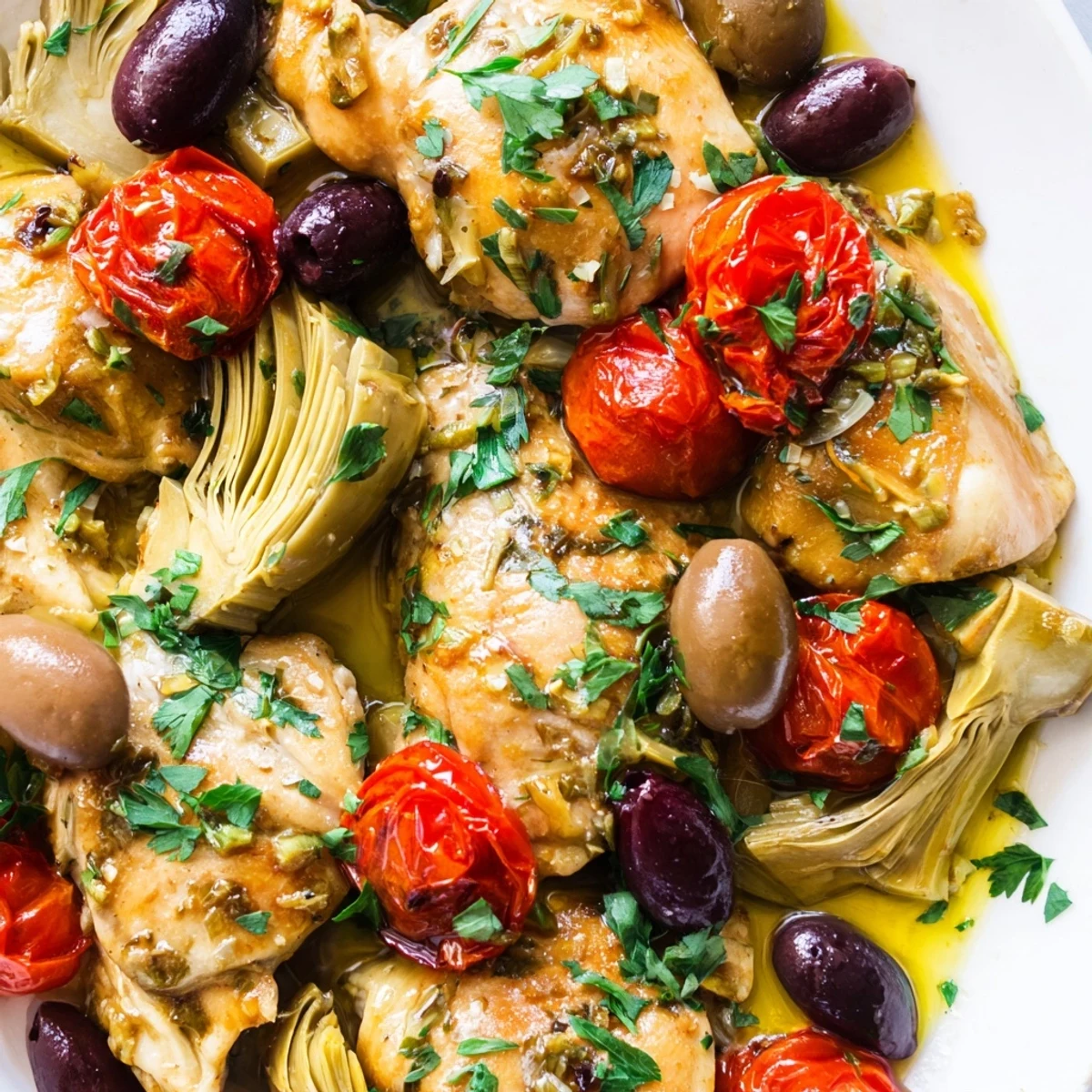 Golden-brown Mediterranean Lemon Chicken with Artichokes and Olives baked in a skillet with vibrant red onion and cherry tomatoes.