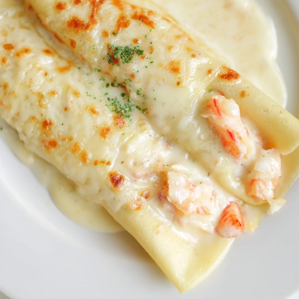 Golden-brown Gourmet Seafood Crêpes with Homemade Béchamel Sauce bubbling in a white baking dish, garnished with fresh parsley.  