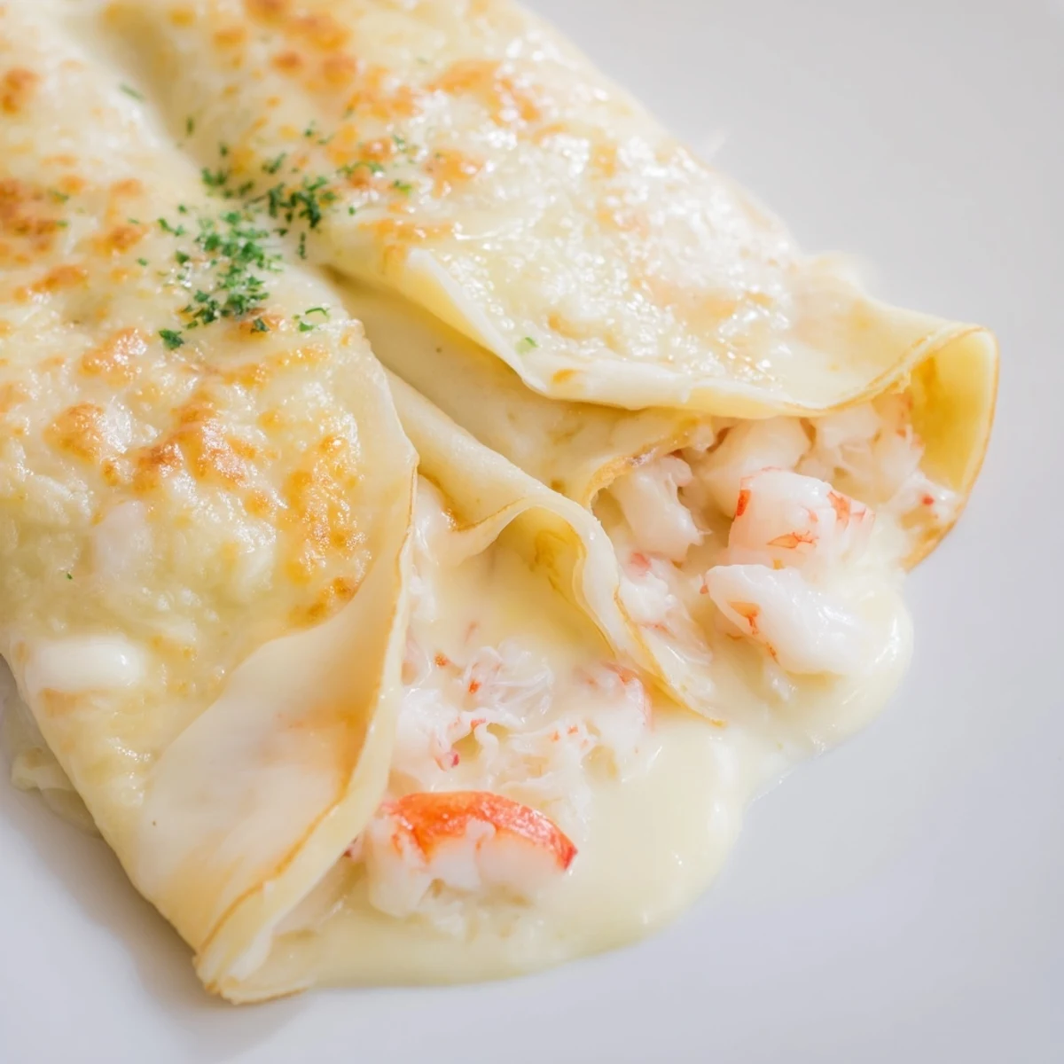 A close-up view of rolled Gourmet Seafood Crêpes with Homemade Béchamel Sauce, revealing shrimp and crab filling.  