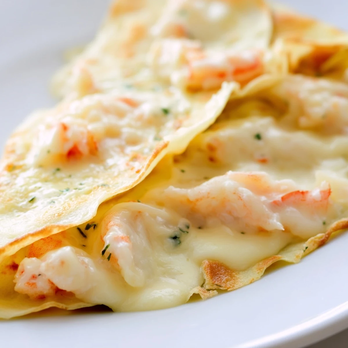 Elegant dinner plated Gourmet Seafood Crêpes with Homemade Béchamel Sauce next to a glass of white wine.
