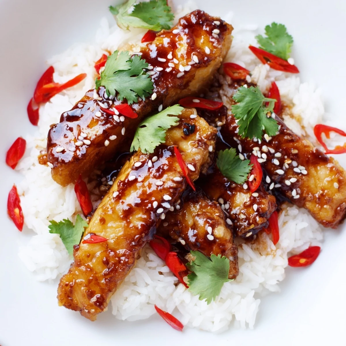 Golden-battered cod strips glazed with sweet and spicy sauce sit over fluffy jasmine rice, finished with a vibrant chili-garlic drizzle for a fusion main dish.