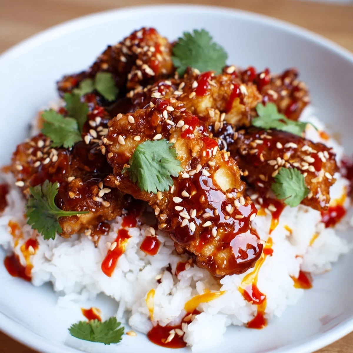 A close-up of Sweet & Spicy Cod Strips with Chili-Garlic Drizzle over Rice highlights flaky fish, glossy sauce, and garnishes like sesame seeds and green onions.