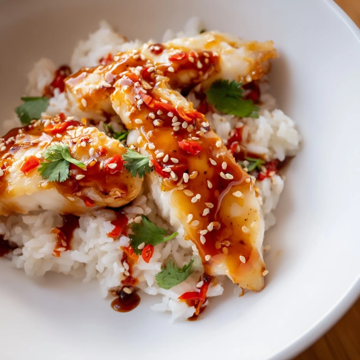 Savory Sweet & Spicy Cod Strips with Chili-Garlic Drizzle over Rice are plated with steamed rice, fresh cilantro, and a lime wedge for a pescatarian dinner.