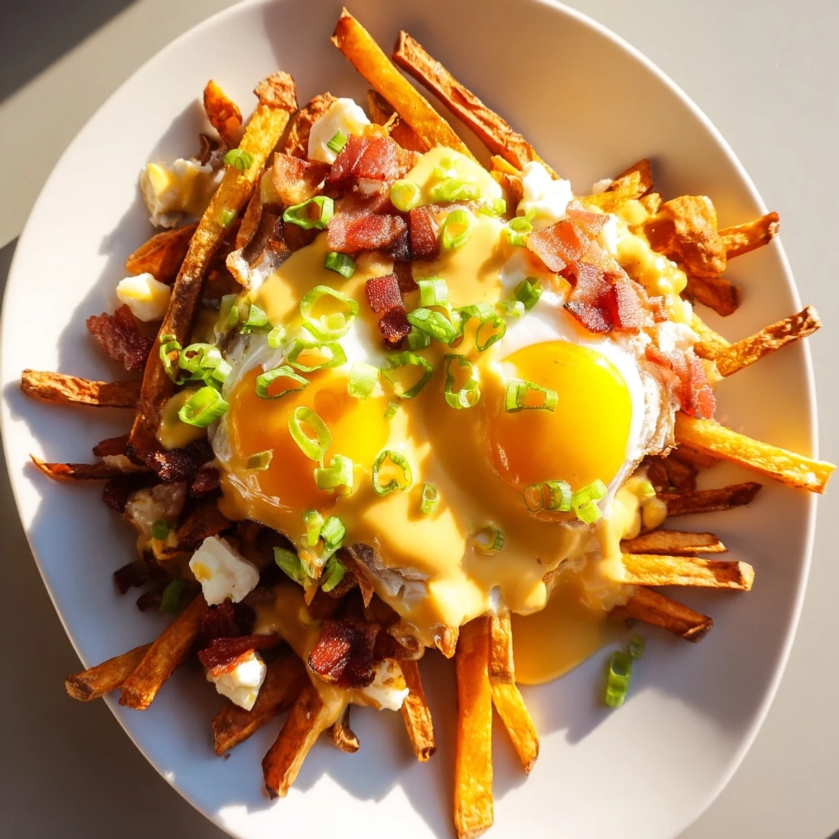 Golden crispy russet potato fries topped with fresh cheese curds, a sunny-side up egg, and crumbled bacon on a plate.