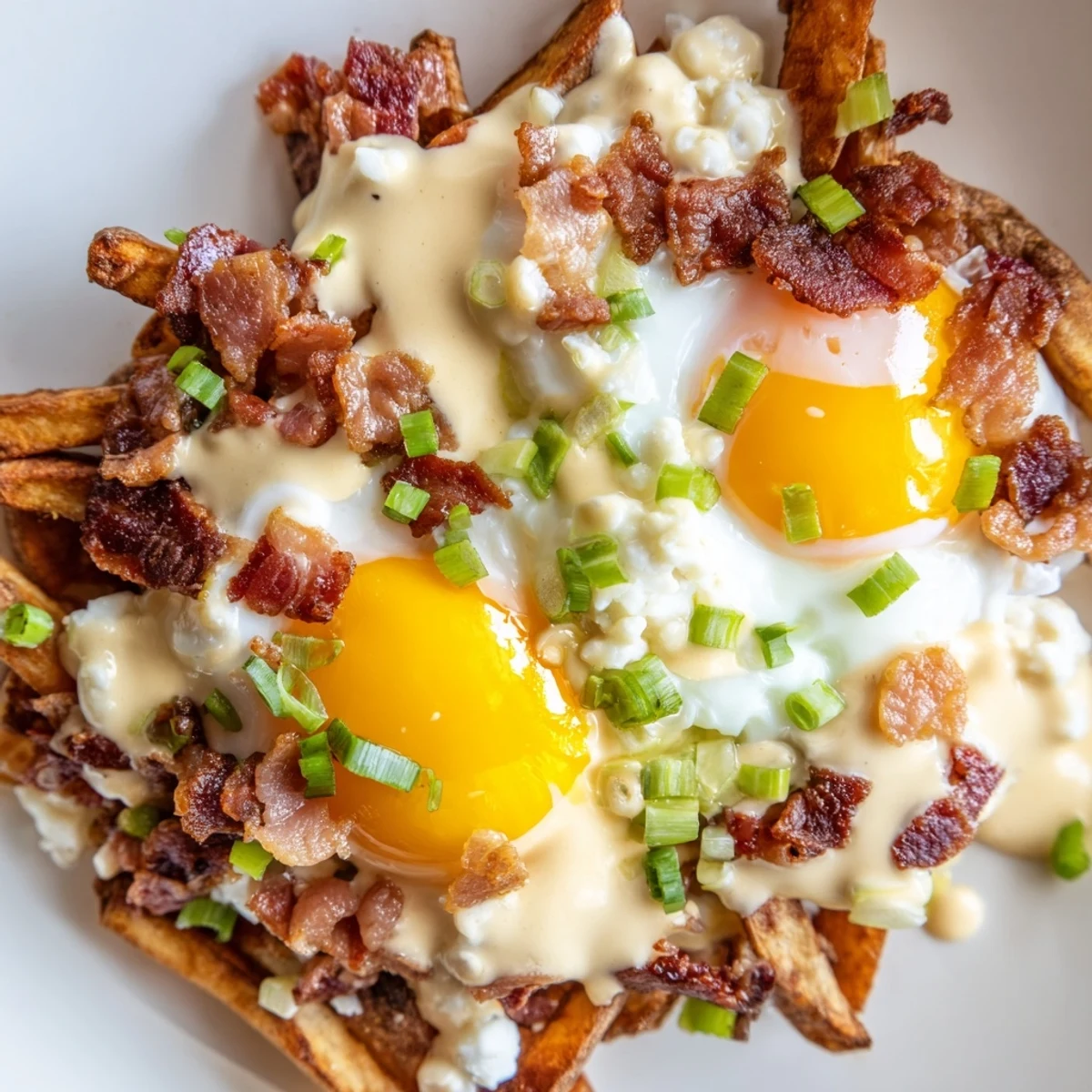 Served on a white plate, this decadent Canadian-style brunch dish features a savory egg and cheese topping.