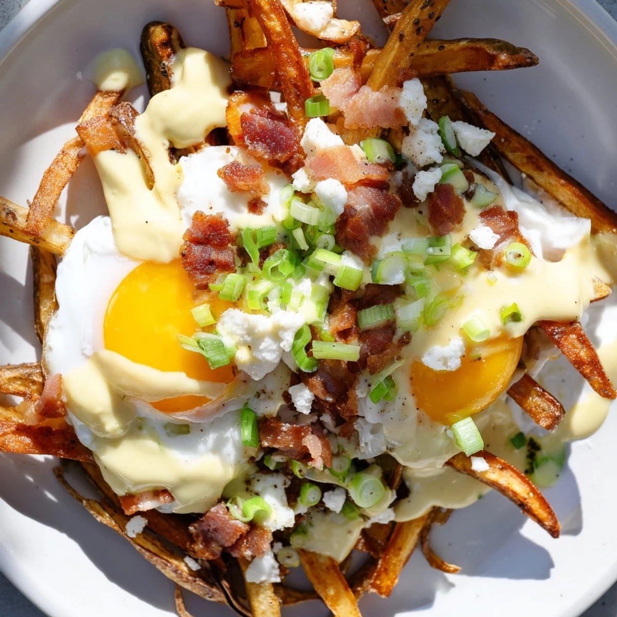 A generous drizzle of creamy homemade Hollandaise sauce is poured over the Ultimate Breakfast Poutine.